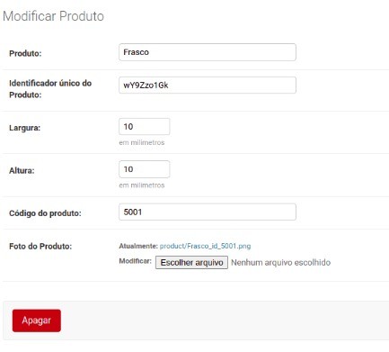 Interface de cadastro do produto